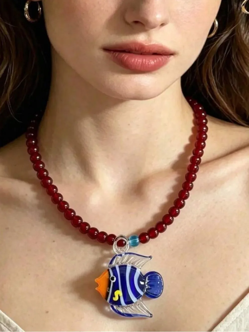 Red Beaded Necklace with Blue and Orange Fish Pendant R743